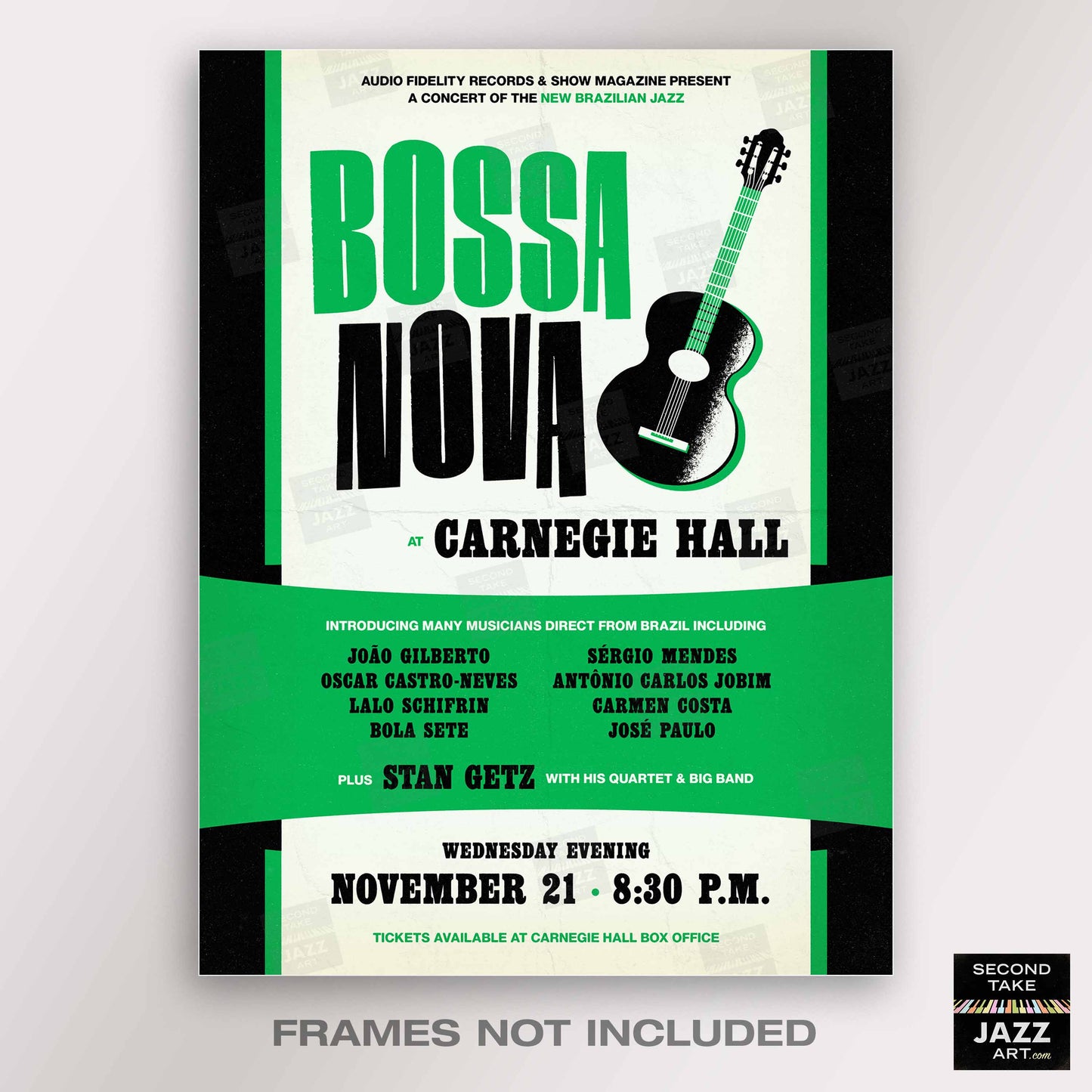 João Gilberto - Stan Getz jazz poster - Bossa Nova at Carnegie Hall - 1962 (green variant)