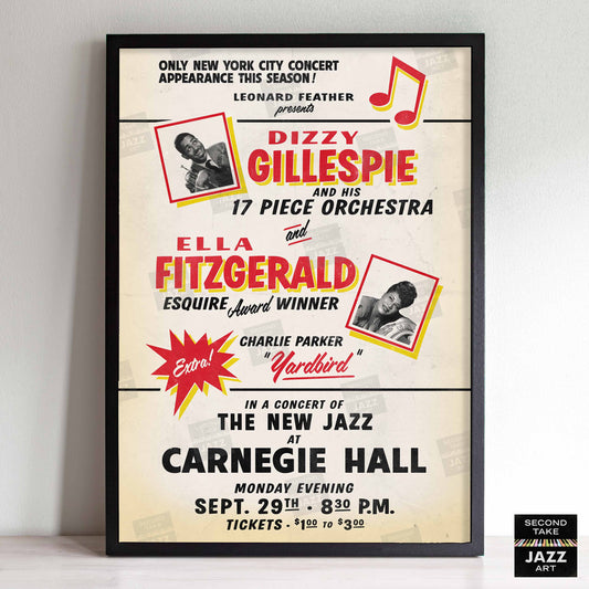 Dizzy Gillespie, Ella Fitzgerald, Charlie Parker jazz poster - Carnegie Hall - 1947