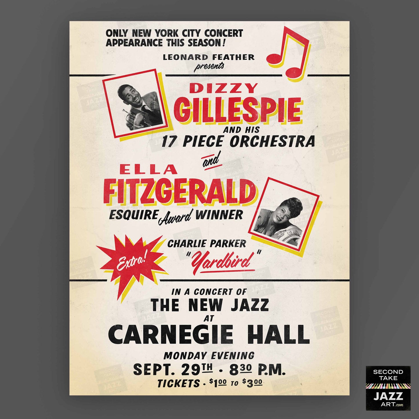 Dizzy Gillespie, Ella Fitzgerald, Charlie Parker jazz poster - Carnegie Hall - 1947