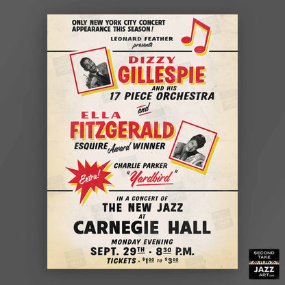 Dizzy Gillespie, Ella Fitzgerald, Charlie Parker jazz poster - Carnegie Hall - 1947