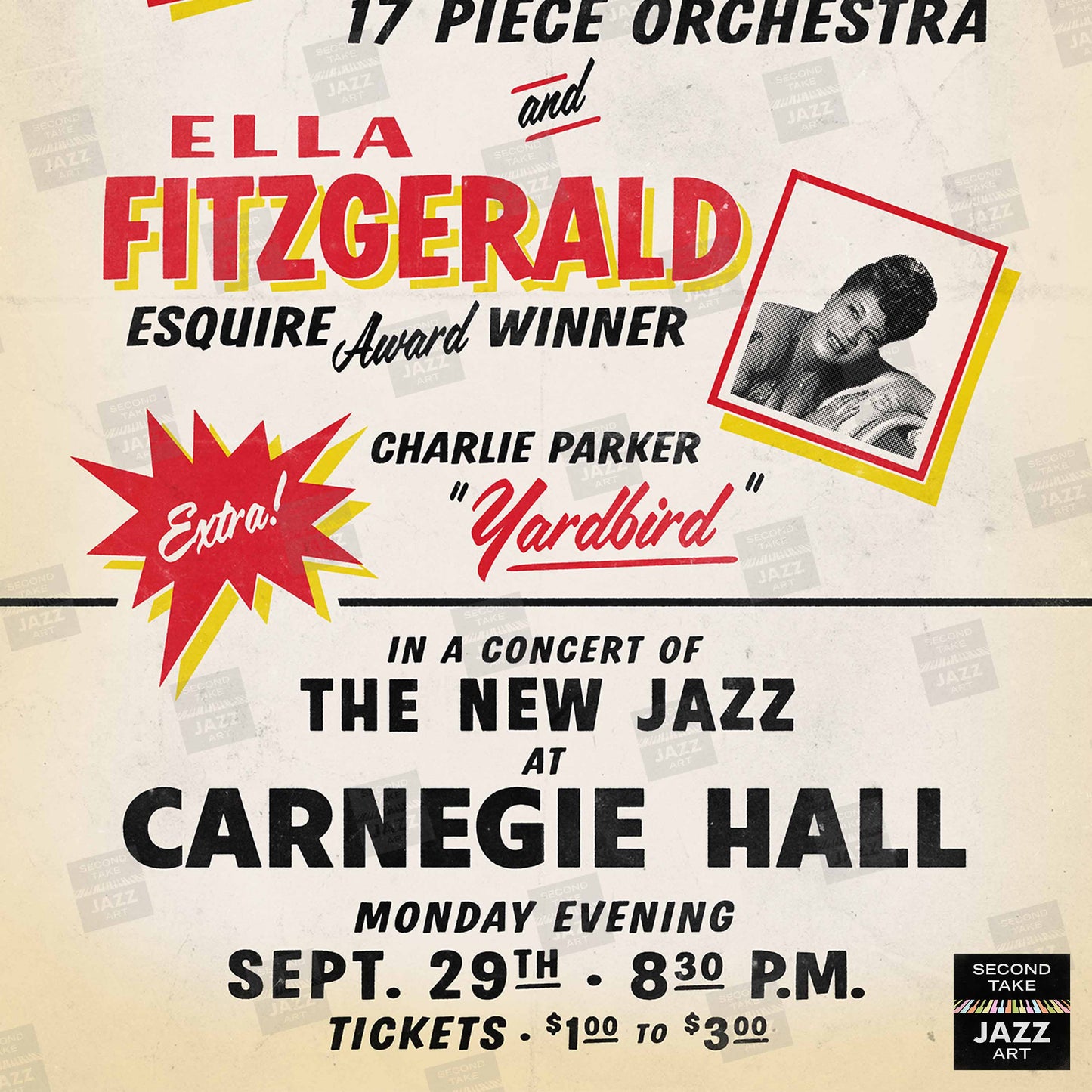 Dizzy Gillespie, Ella Fitzgerald, Charlie Parker jazz poster - Carnegie Hall - 1947