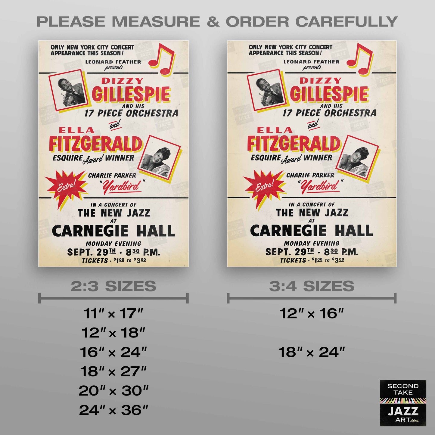 Dizzy Gillespie, Ella Fitzgerald, Charlie Parker jazz poster - Carnegie Hall - 1947