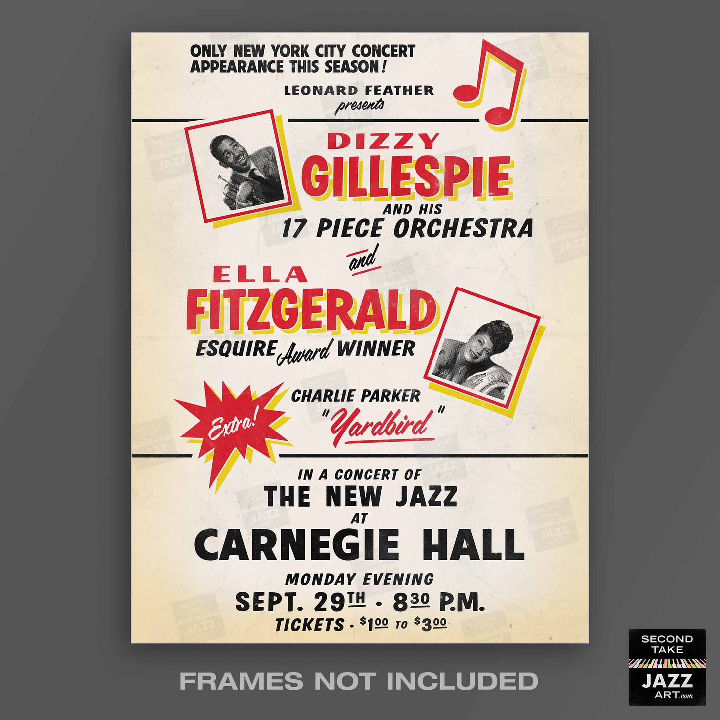 Dizzy Gillespie, Ella Fitzgerald, Charlie Parker jazz poster - Carnegie Hall - 1947