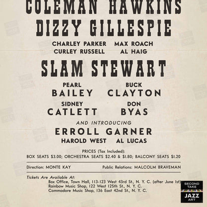 Dizzy Gillespie - Charlie Parker jazz poster - Town Hall - 1945