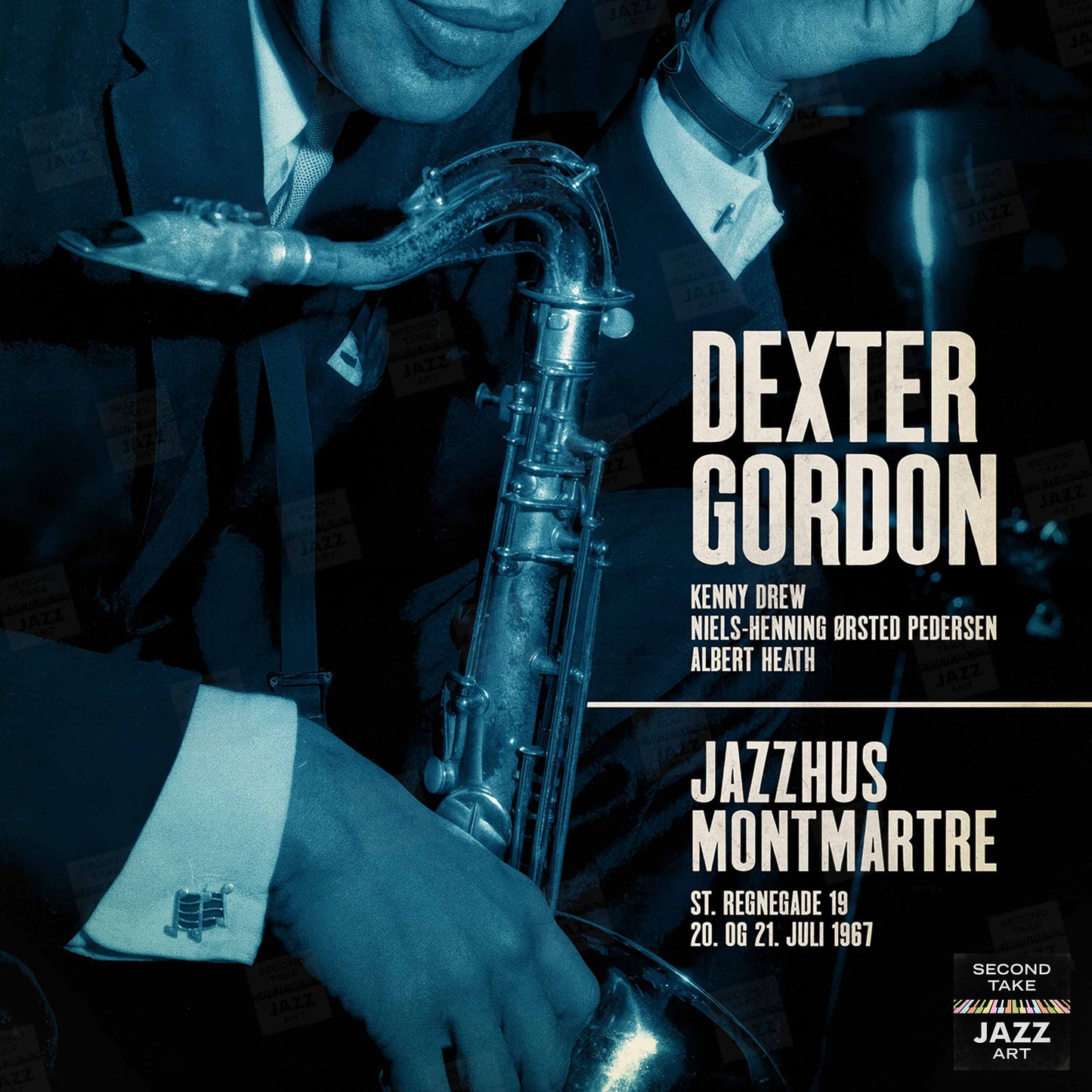 Dexter Gordon jazz poster - Live at Jazzhus Montmartre - 1967 (blue variant)