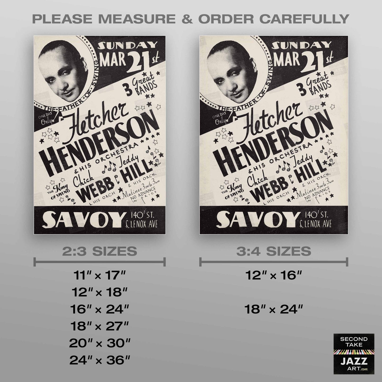 Fletcher Henderson - Chick Webb - Teddy Hill jazz poster - Savoy Ballroom - Harlem, New York - 1937