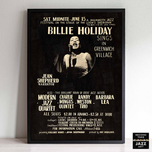 Billie Holiday jazz poster - Sings in Greenwich Village - Loew's Sheridan Theatre - 1957