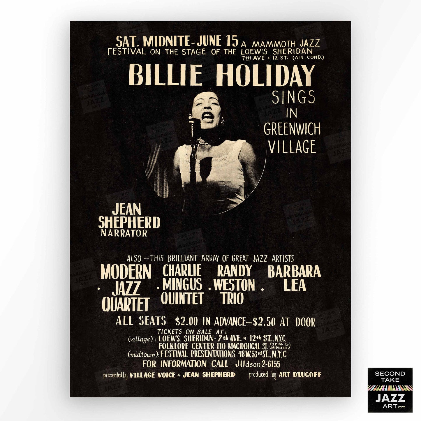 Billie Holiday jazz poster - Sings in Greenwich Village - Loew's Sheridan Theatre - 1957