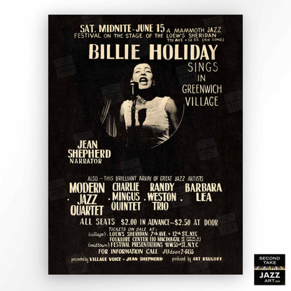 Billie Holiday jazz poster - Sings in Greenwich Village - Loew's Sheridan Theatre - 1957