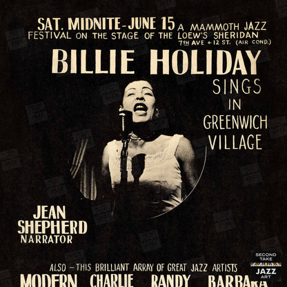 Billie Holiday jazz poster - Sings in Greenwich Village - Loew's Sheridan Theatre - 1957