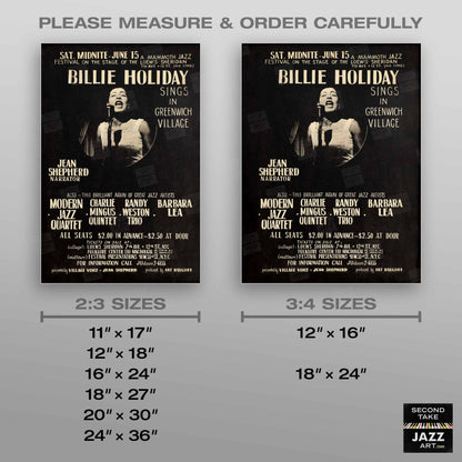 Billie Holiday jazz poster - Sings in Greenwich Village - Loew's Sheridan Theatre - 1957