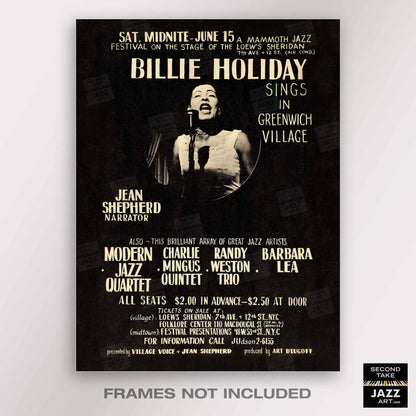 Billie Holiday jazz poster - Sings in Greenwich Village - Loew's Sheridan Theatre - 1957