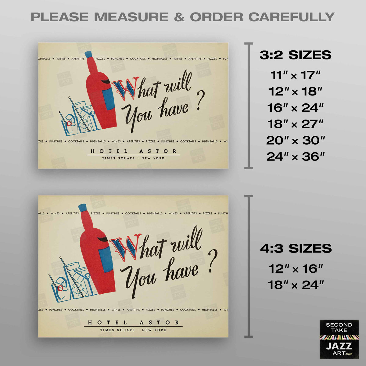 What Will You Have? Drinks Menu jazz poster - Hotel Astor - 1940 (horizontal)