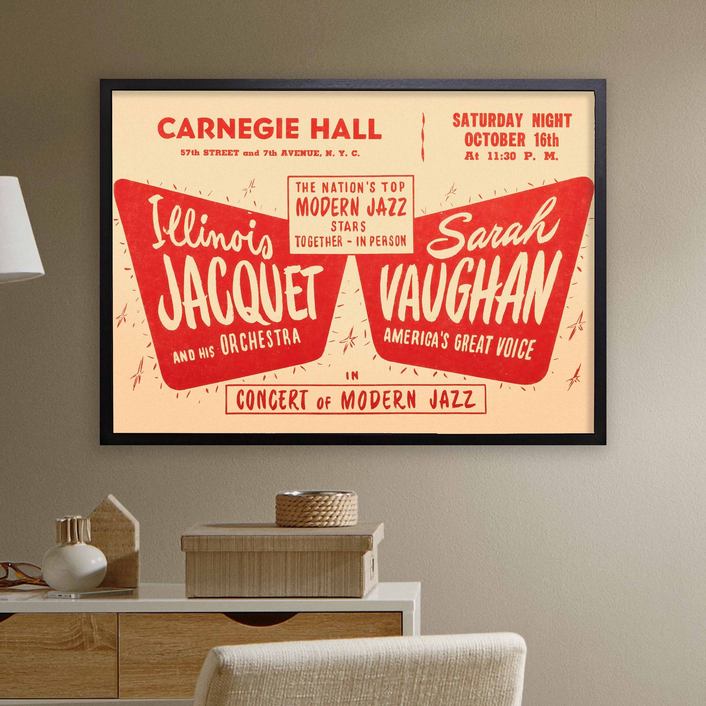 Illinois Jacquet - Sarah Vaughan jazz poster - Carnegie Hall - 1948 (horizontal)