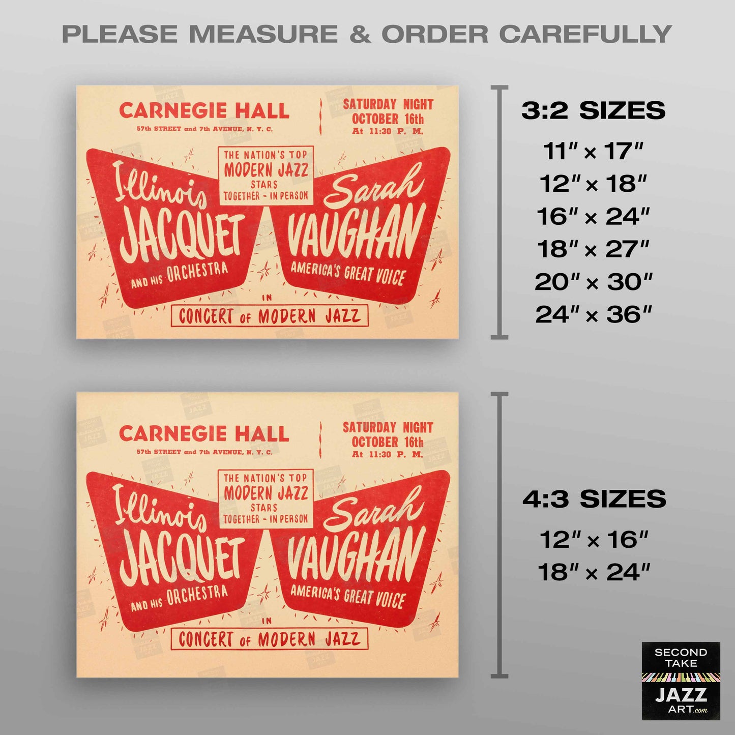 Illinois Jacquet - Sarah Vaughan jazz poster - Carnegie Hall - 1948 (horizontal)