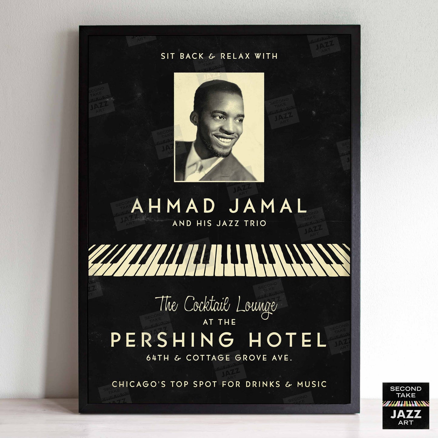 Ahmad Jamal Trio jazz poster - At the Pershing - Chicago - 1958 (black variant)