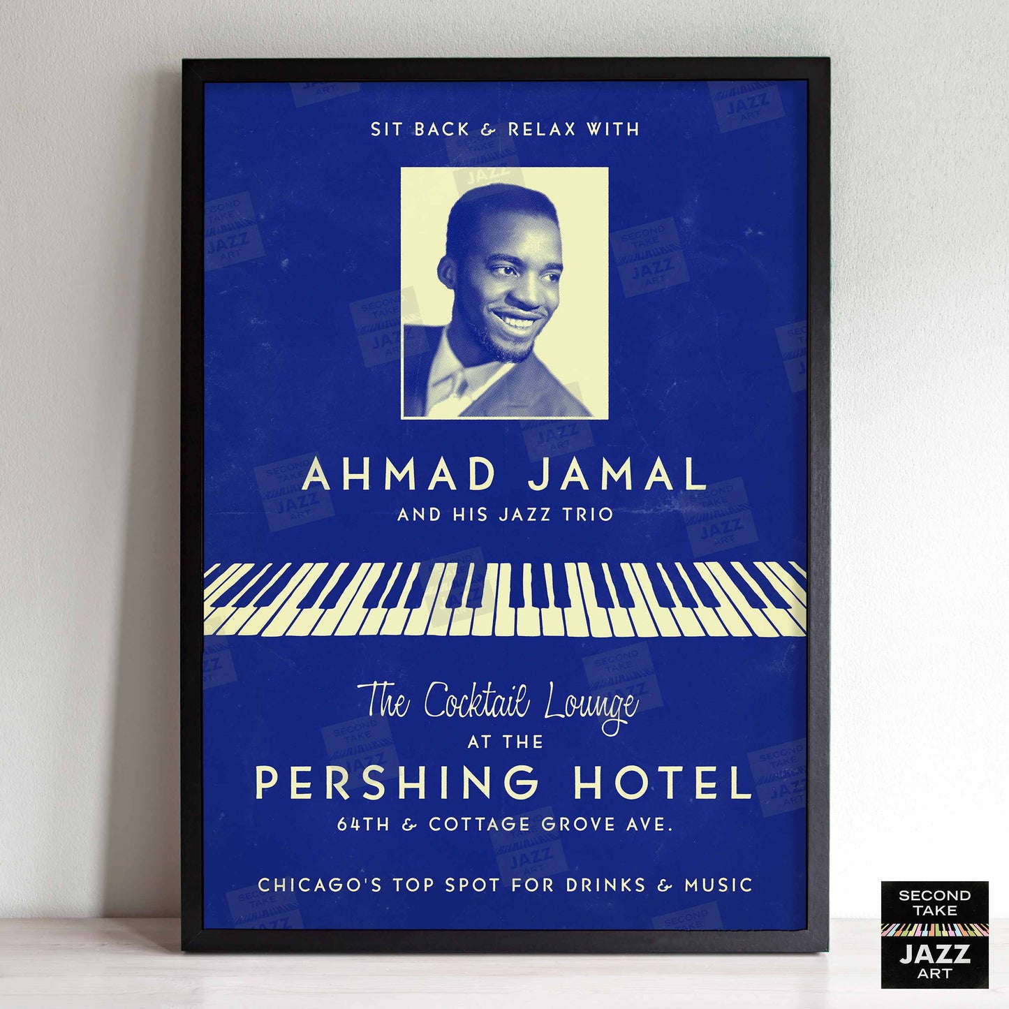 Ahmad Jamal Trio jazz poster - At the Pershing - Chicago - 1958 (blue variant)