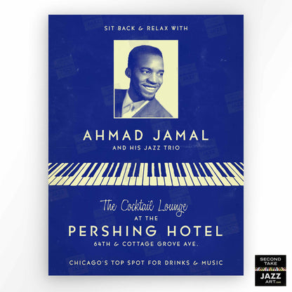 Ahmad Jamal Trio jazz poster - At the Pershing - Chicago - 1958 (blue variant)