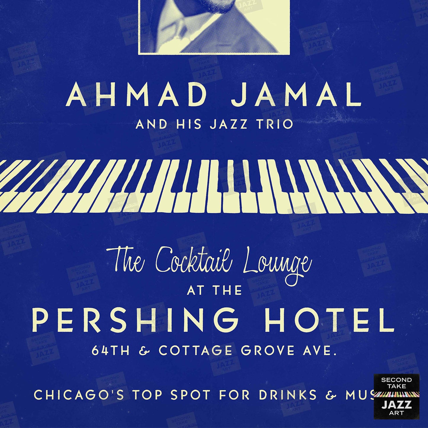 Ahmad Jamal Trio jazz poster - At the Pershing - Chicago - 1958 (blue variant)