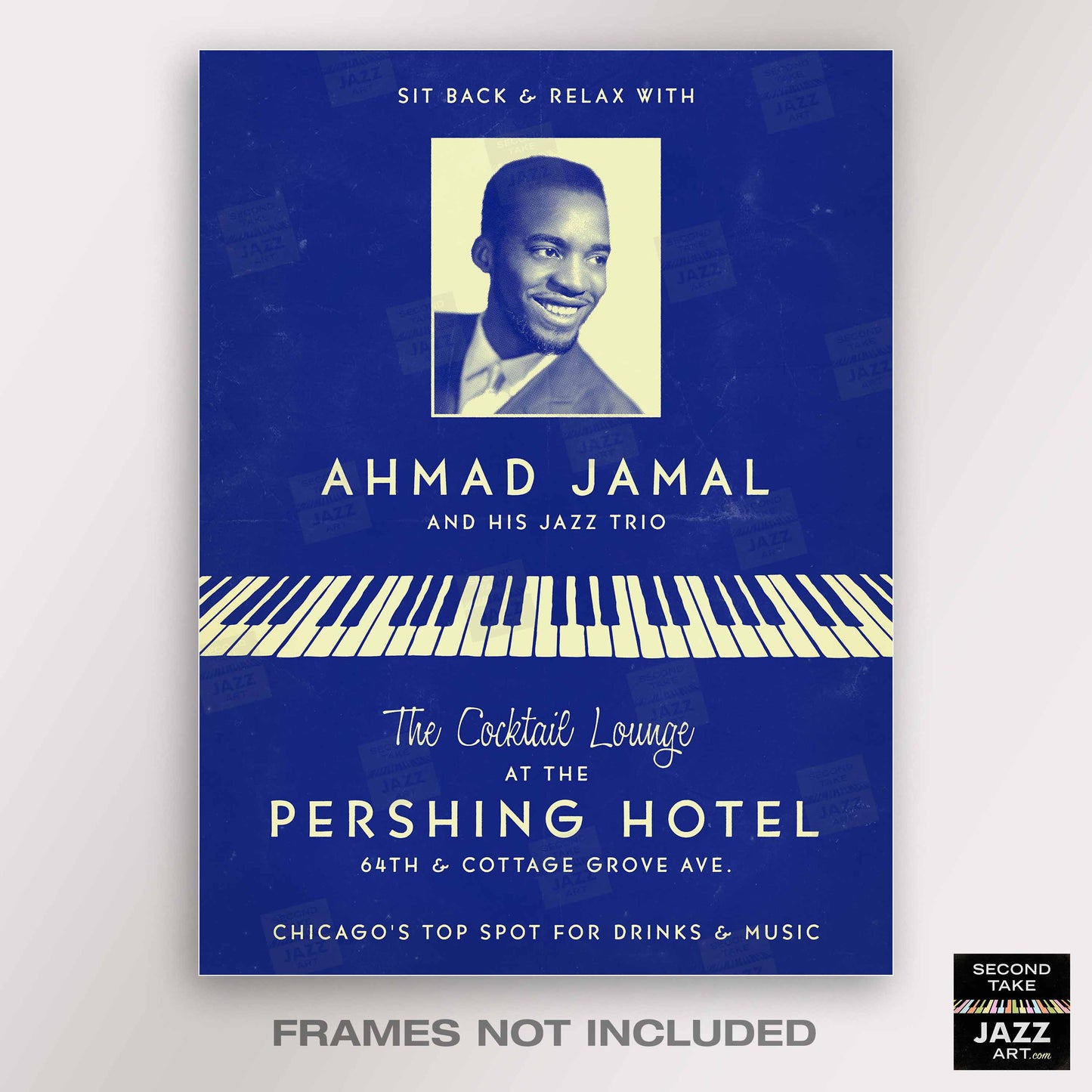 Ahmad Jamal Trio jazz poster - At the Pershing - Chicago - 1958 (blue variant)