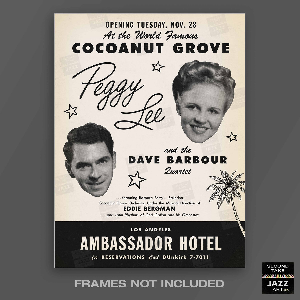 Peggy Lee - Dave Barbour jazz poster - Cocoanut Grove - Los Angeles - 1950