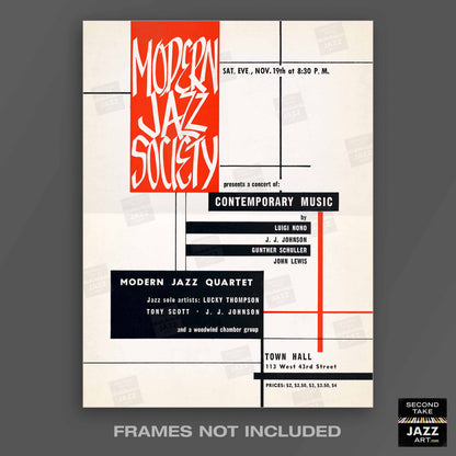 John Lewis - Gunther Schuller jazz poster - Modern Jazz Society - Town Hall - 1955