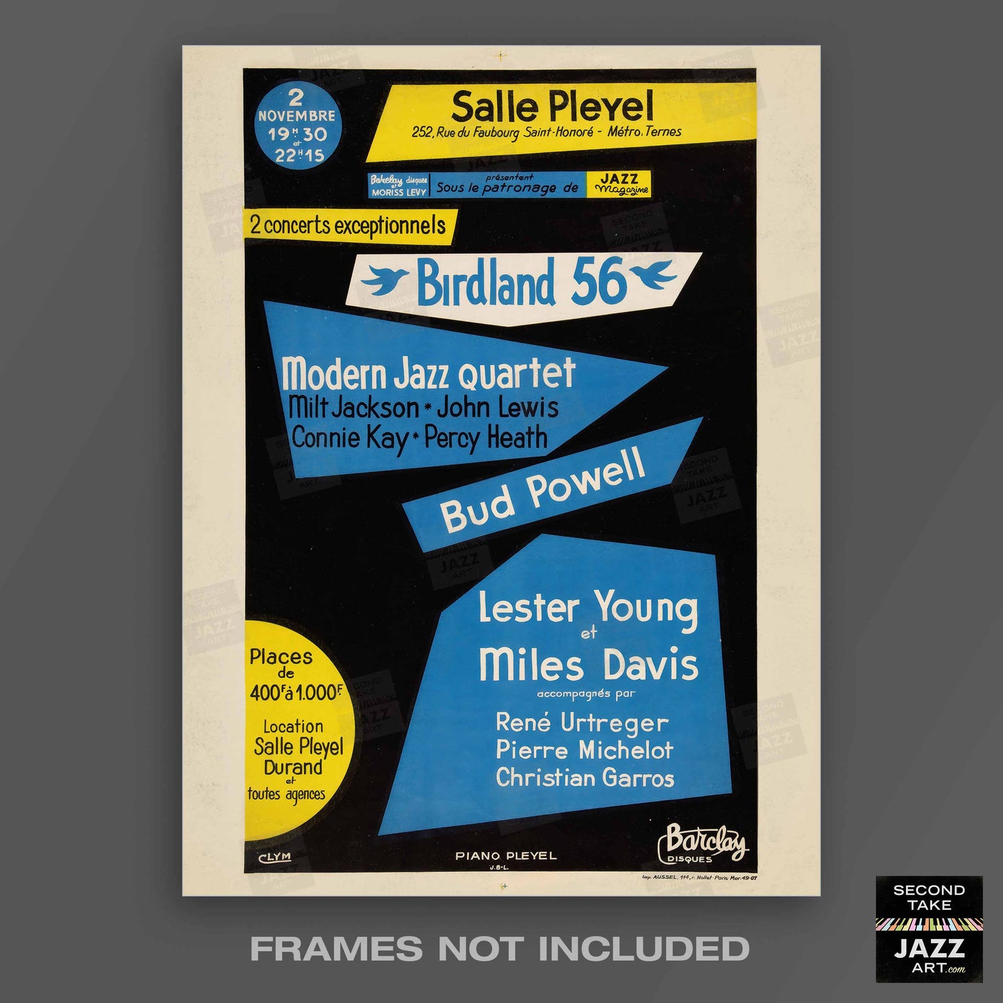 Miles Davis - Lester Young - Bud Powell - MJQ jazz poster - Birdland 56 - Paris, France - 1956