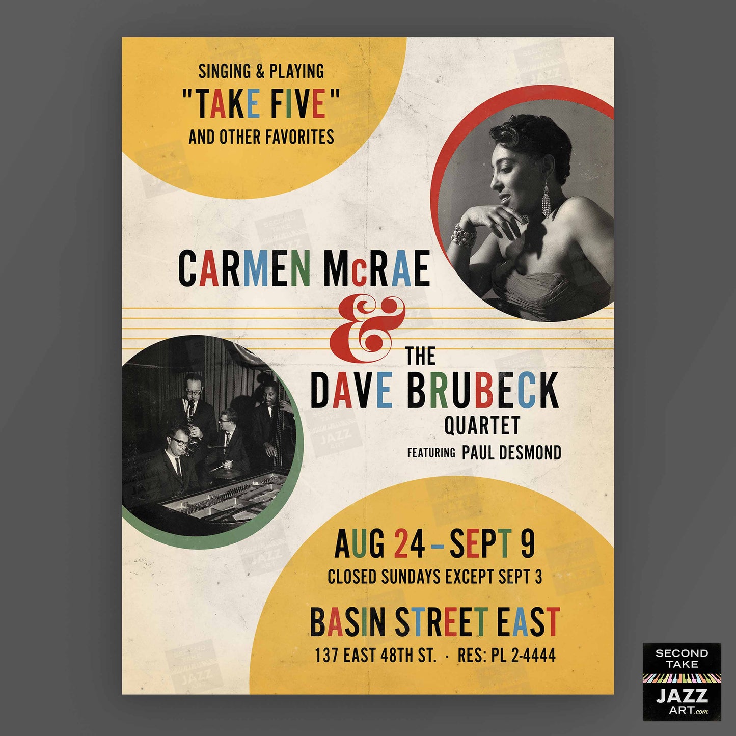 Carmen McRae - Dave Brubeck jazz poster - Take Five Live - 1961