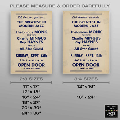 Thelonious Monk - Charlie Parker - Charles Mingus jazz poster - Open Door - 1953