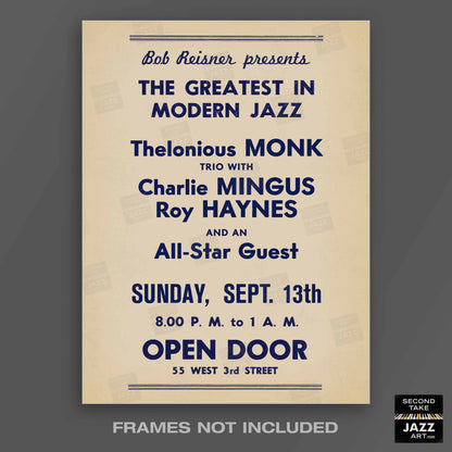 Thelonious Monk - Charlie Parker - Charles Mingus jazz poster - Open Door - 1953
