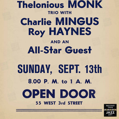 Thelonious Monk - Charlie Parker - Charles Mingus jazz poster - Open Door - 1953
