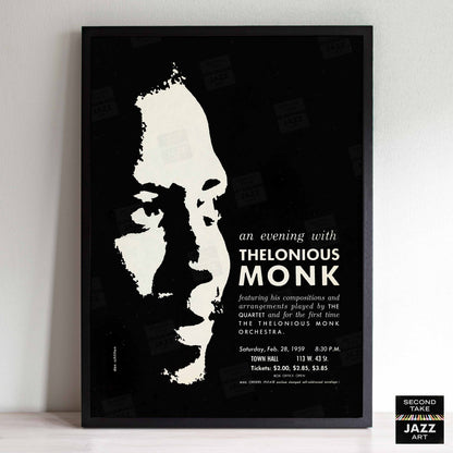 Thelonious Monk jazz poster - Orchestra and Quartet - Town Hall - 1959 (black variant)