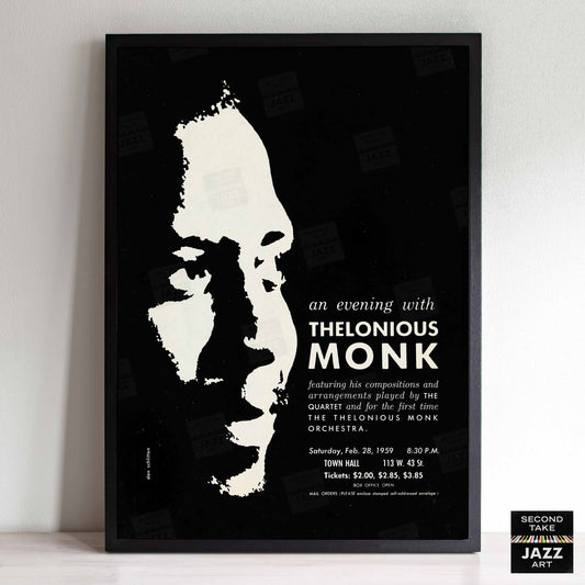 Thelonious Monk jazz poster - Orchestra and Quartet - Town Hall - 1959 (black variant)