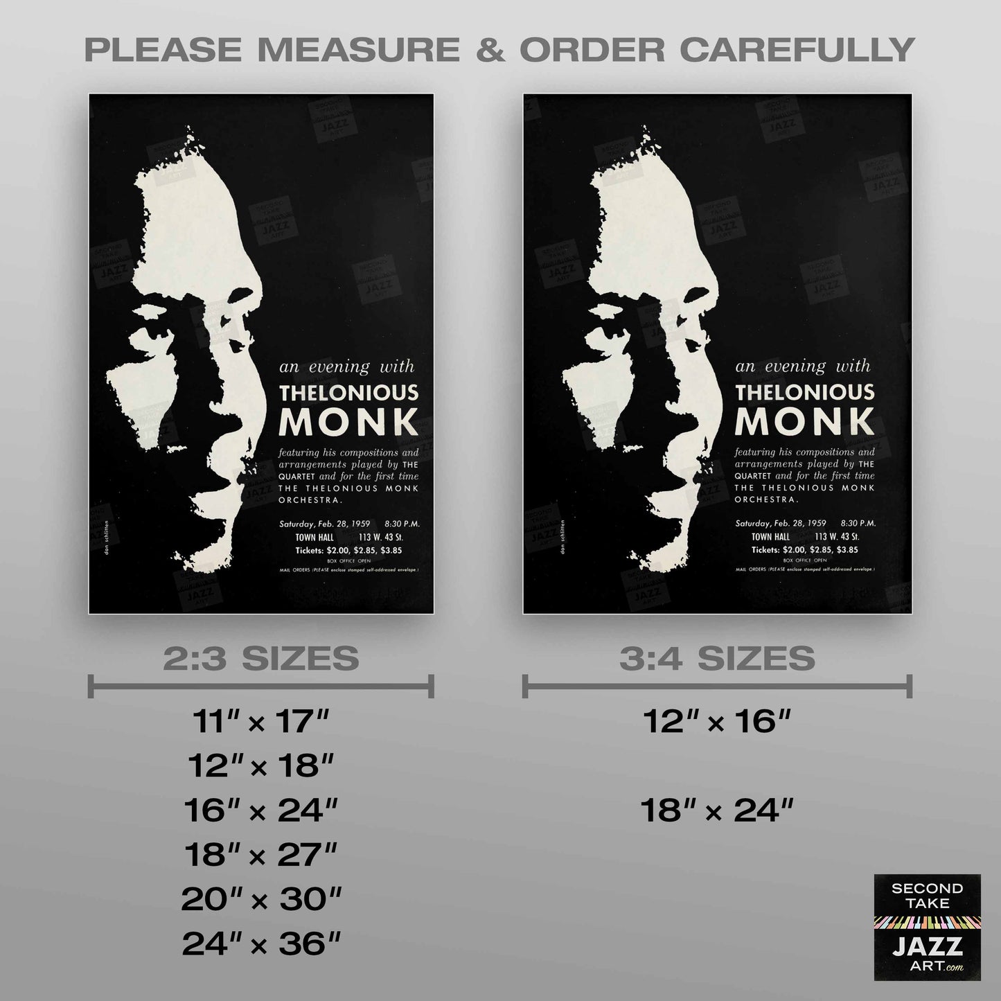 Thelonious Monk jazz poster - Orchestra and Quartet - Town Hall - 1959 (black variant)