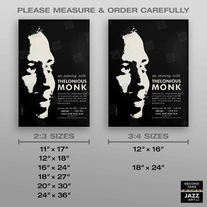 Thelonious Monk jazz poster - Orchestra and Quartet - Town Hall - 1959 (black variant)