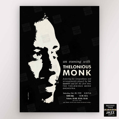 Thelonious Monk jazz poster - Orchestra and Quartet - Town Hall - 1959 (black variant)