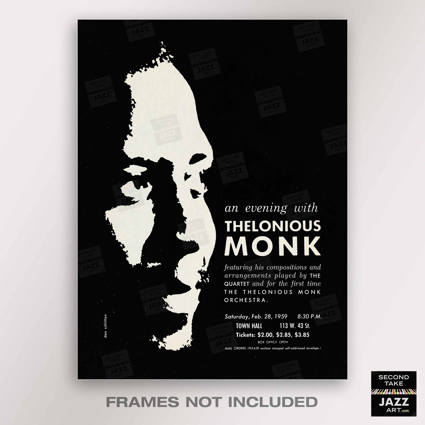 Thelonious Monk jazz poster - Orchestra and Quartet - Town Hall - 1959 (black variant)