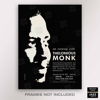 Thelonious Monk jazz poster - Orchestra and Quartet - Town Hall - 1959 (black variant)