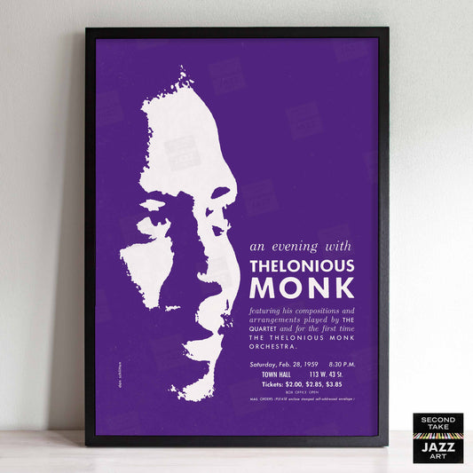 Thelonious Monk jazz poster - Orchestra and Quartet - Town Hall - 1959 (purple variant)