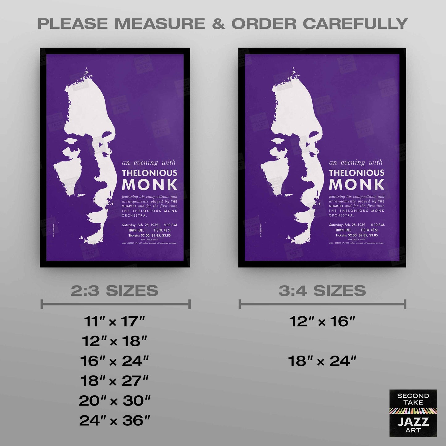 Thelonious Monk jazz poster - Orchestra and Quartet - Town Hall - 1959 (purple variant)