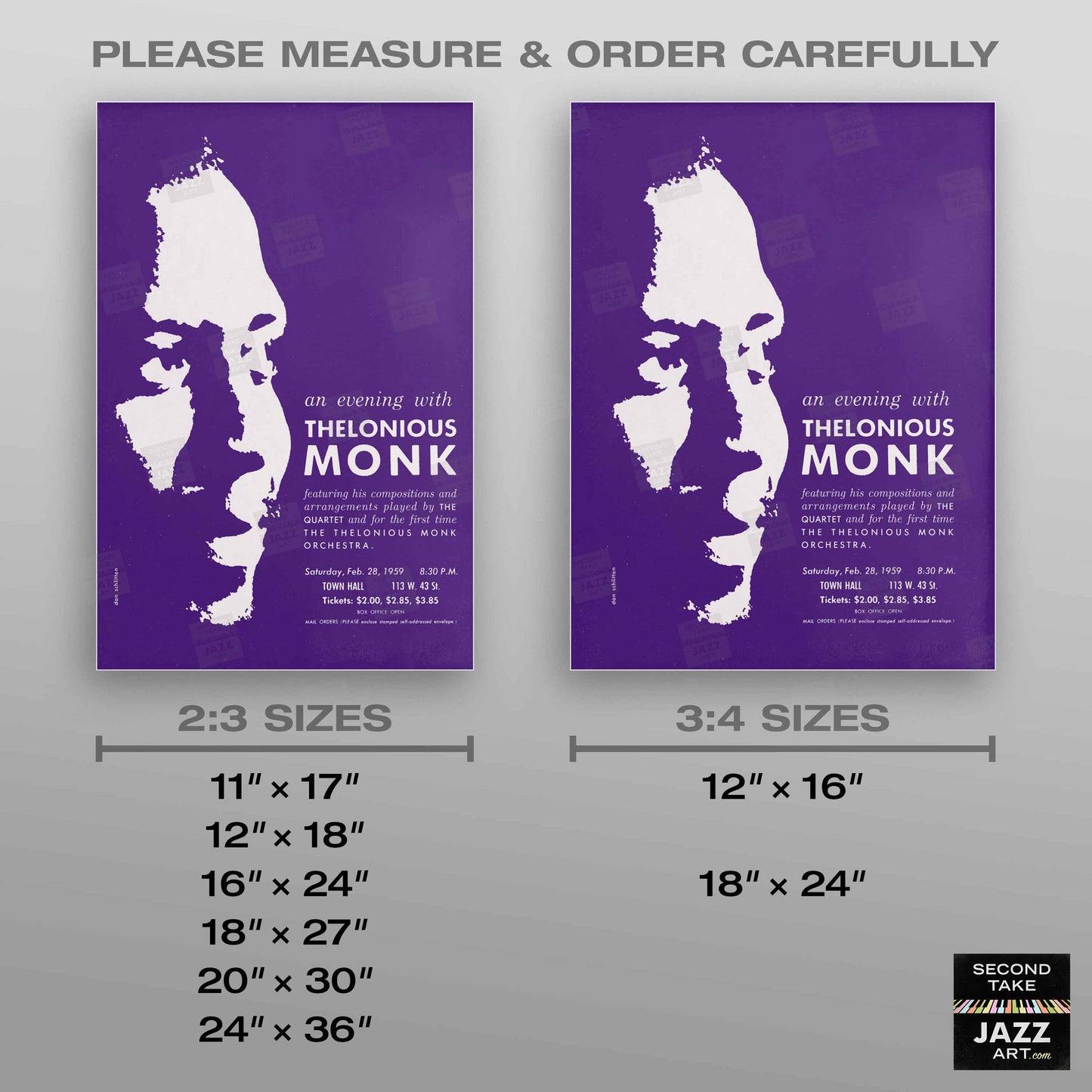 Thelonious Monk jazz poster - Orchestra and Quartet - Town Hall - 1959 (purple variant)