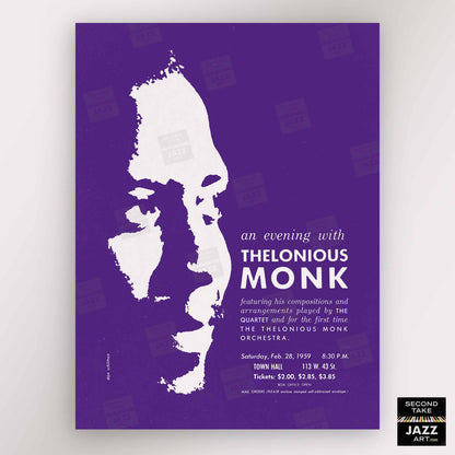 Thelonious Monk jazz poster - Orchestra and Quartet - Town Hall - 1959 (purple variant)