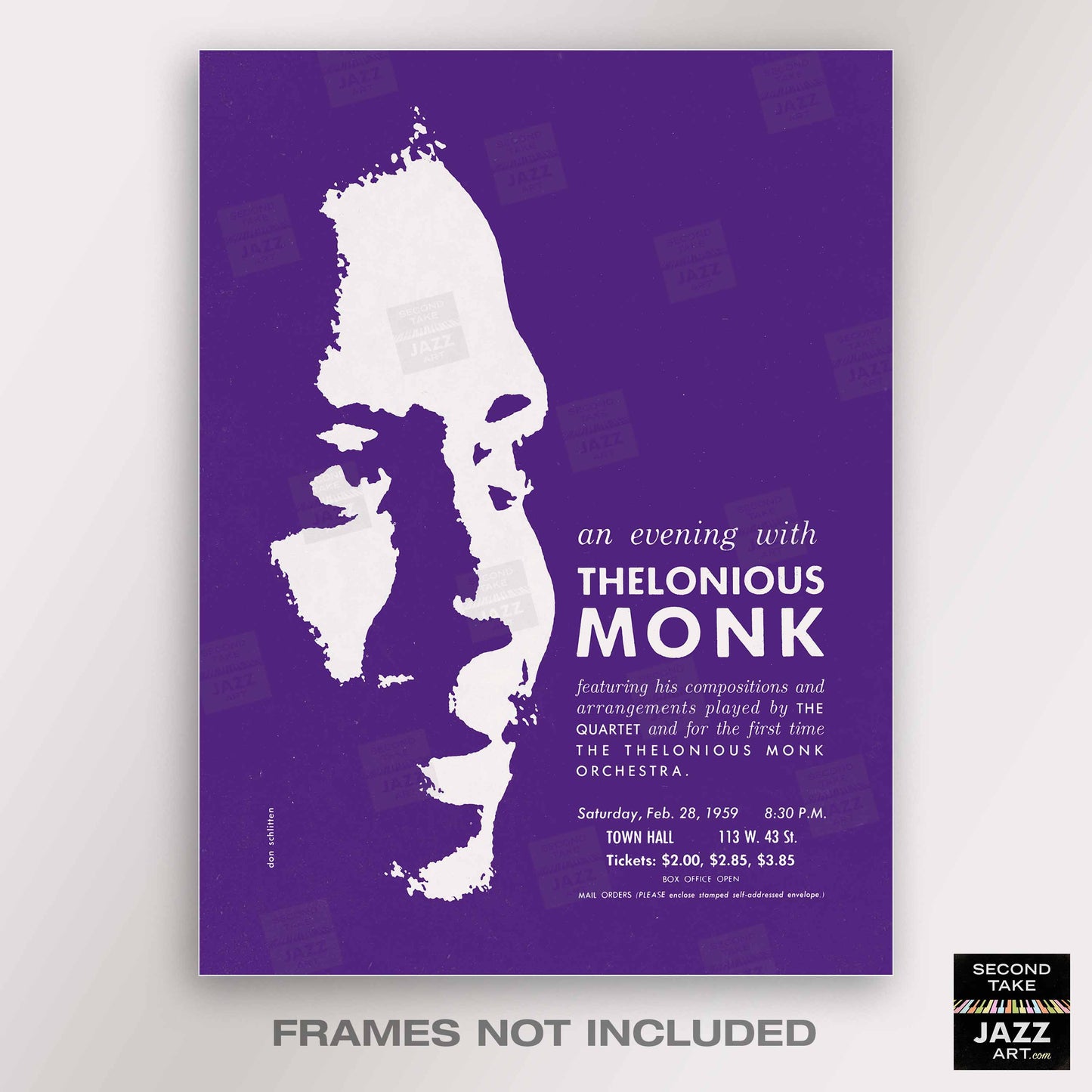 Thelonious Monk jazz poster - Orchestra and Quartet - Town Hall - 1959 (purple variant)