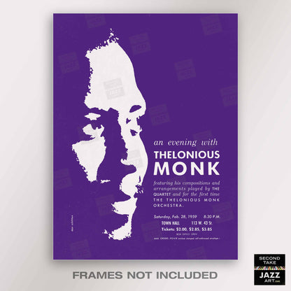 Thelonious Monk jazz poster - Orchestra and Quartet - Town Hall - 1959 (purple variant)