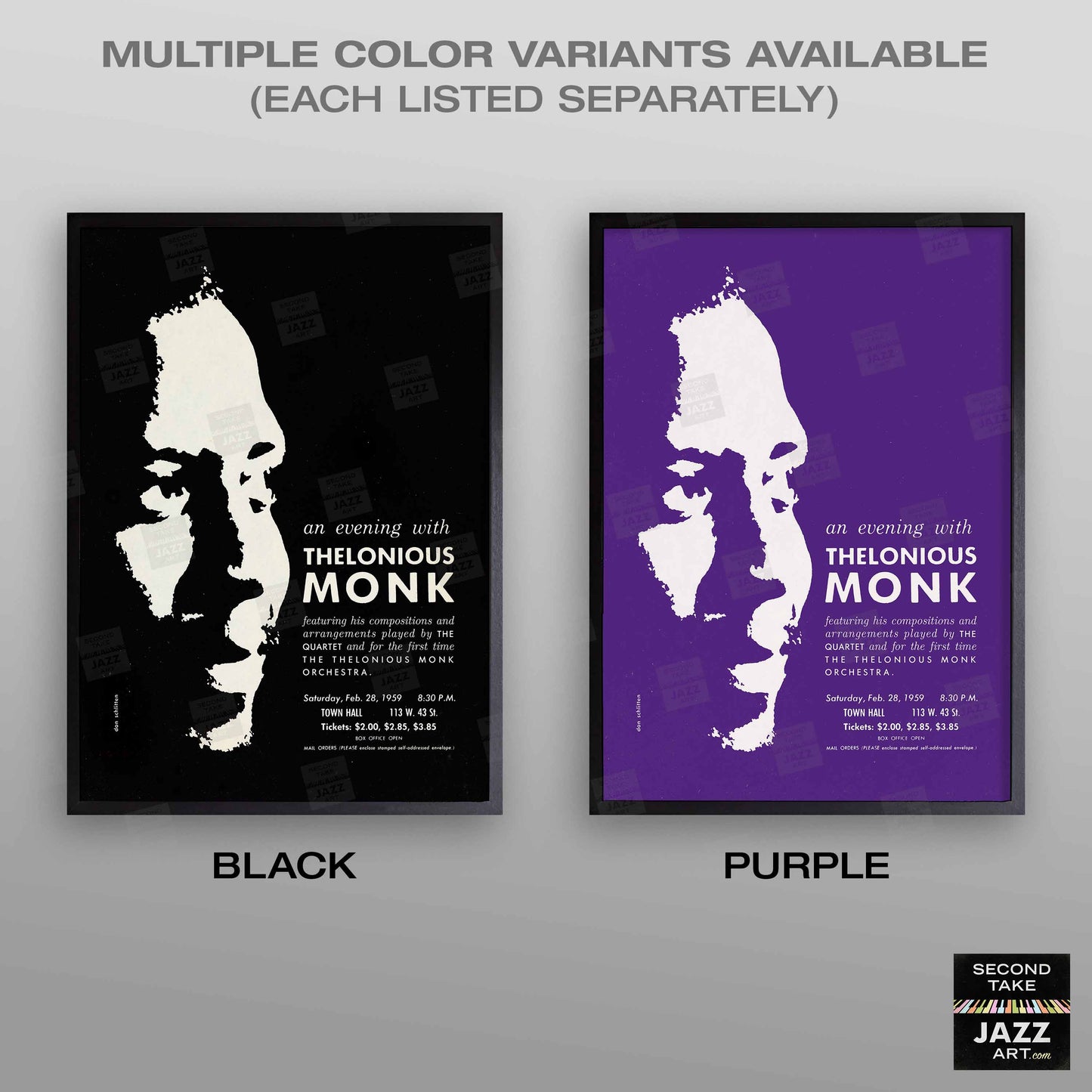 Thelonious Monk jazz poster - Orchestra and Quartet - Town Hall - 1959 (purple variant)