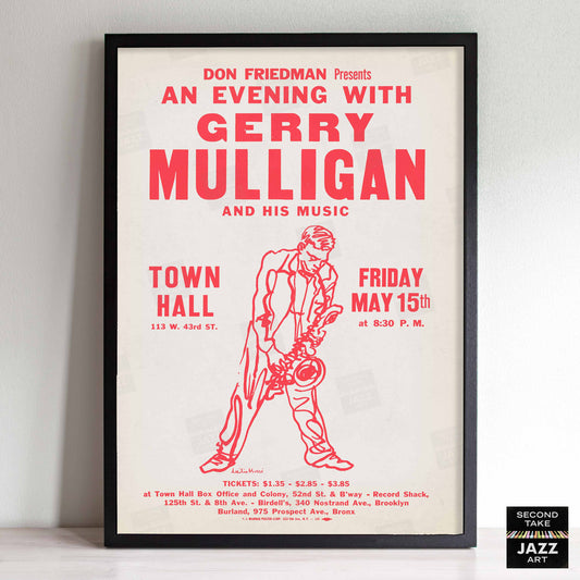 Gerry Mulligan jazz poster - Town Hall - 1959 (red variant)