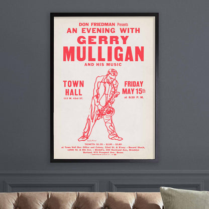 Gerry Mulligan jazz poster - Town Hall - 1959 (red variant)