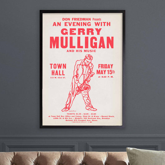 Gerry Mulligan jazz poster - Town Hall - 1959 (red variant)