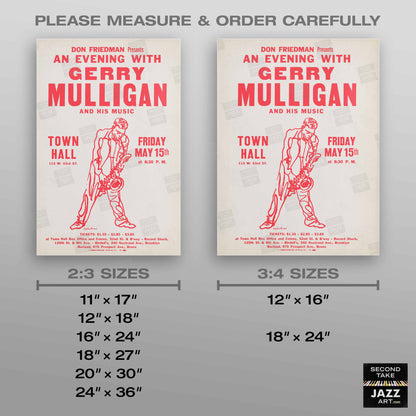 Gerry Mulligan jazz poster - Town Hall - 1959 (red variant)