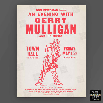 Gerry Mulligan jazz poster - Town Hall - 1959 (red variant)
